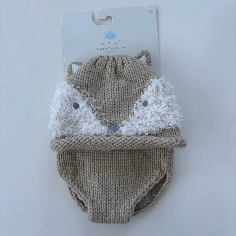 Cloud Island TAN Hat and Diaper Cover Set OSFM Baby 0-12 Months Knit Crochet